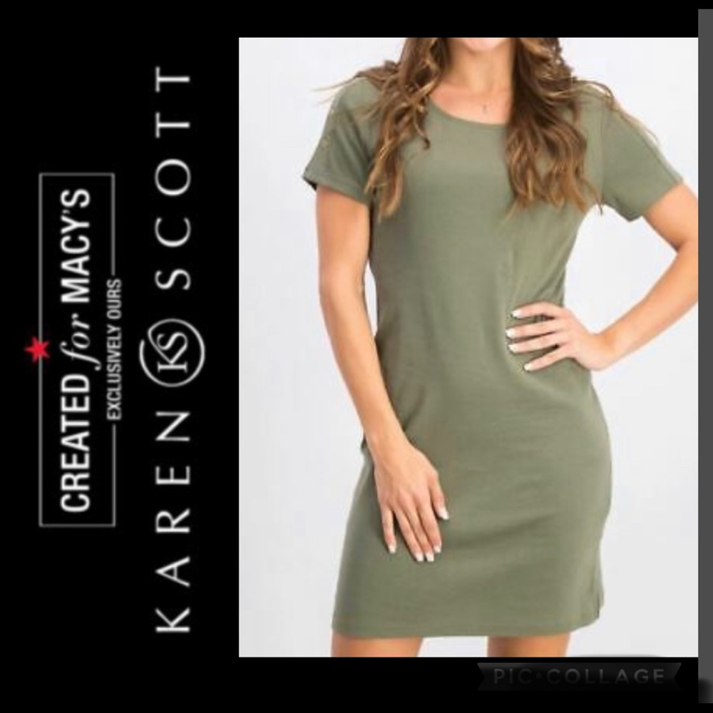 Karen Scott Olive Cotton Knit Button Shoulder Dress